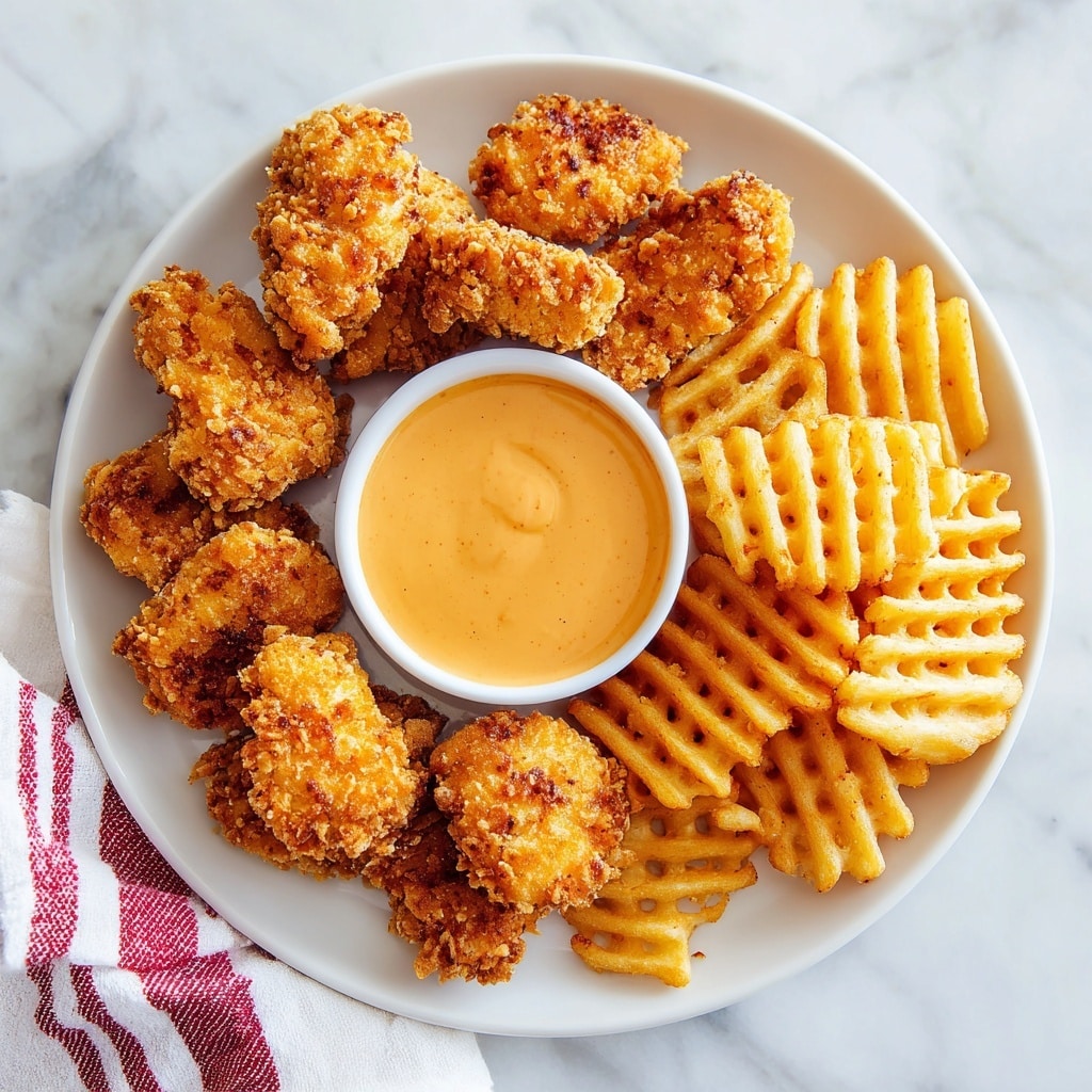 A close-up view of a white bowl filled with creamy, light tan cheese sauce. Around the bowl is a white plate holding golden-brown, crispy chicken nuggets. A woman's hand is dipping a light golden waffle fry with a crispy texture and holes into the smooth cheese sauce, causing the sauce to drip slightly. The background and surface have a white marbled texture, adding a clean and bright feel to the image. Photo taken with an iphone --ar 4:5 --v 7
