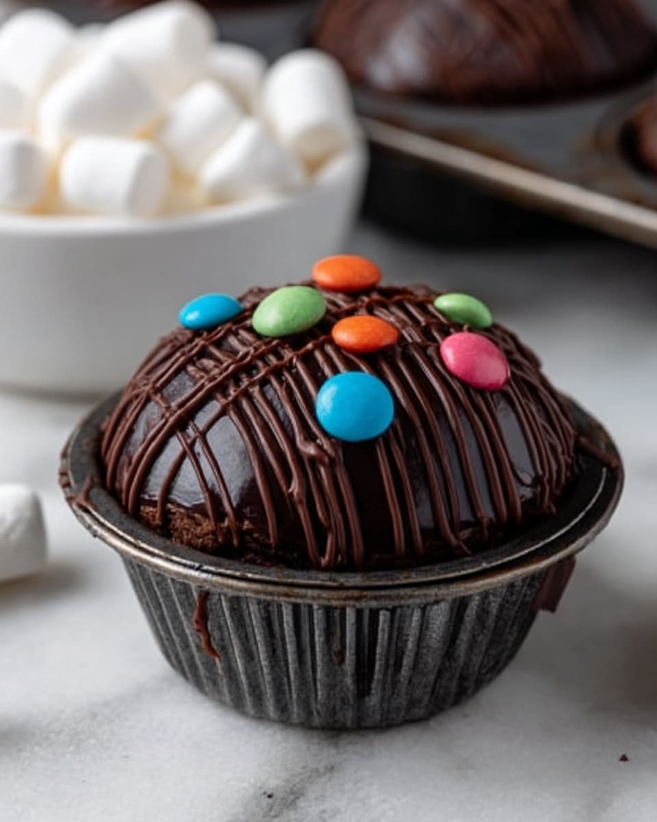 The image shows a round chocolate dessert placed inside a dark metal muffin cup on a white marbled surface. The dessert has a glossy dark brown outer layer with thin lines of chocolate drizzle running from top to bottom. On the top, there are small colorful candy pieces in blue, orange, pink, and green arranged in a scattered pattern. In the background, there is a white bowl filled with white marshmallows, slightly blurred to keep the focus on the dessert. photo taken with an iphone --ar 4:5 --v 7