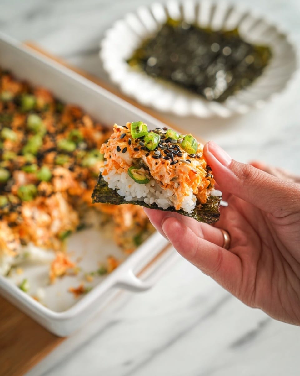 A woman's hand is holding a small piece of food wrapped in dark green seaweed, with layers including white rice at the bottom, topped by an orange creamy mixture with bits of cooked salmon or crab, small green onion pieces, and black sesame seeds scattered on top. In the background, there is a white rectangular baking dish on a white marbled surface, partially filled with the same layered dish showing white rice at the bottom and the orange creamy topping with green onions and black sesame seeds on top. Behind the baking dish, a white scalloped plate holds more dark green seaweed sheets. Photo taken with an iphone --ar 4:5 --v 7