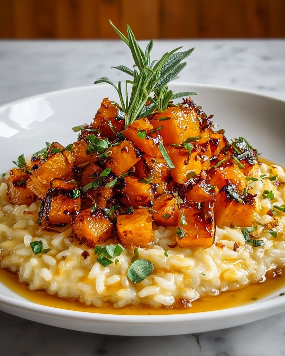 The dish shows a white plate filled with creamy risotto as the bottom layer, with a soft and shiny texture in light yellow-white color. On top, there is a generous pile of roasted, golden-brown cubes of pumpkin that have charred edges, giving a mix of orange and dark brown colors. Small green herb leaves are sprinkled over both layers for a fresh look. A dark drizzle of sauce surrounds the risotto, adding a rich contrast. A small sprig of green herb is placed upright in the center, adding height and a fresh touch. The plate is set on a white marbled surface. Photo taken with an iphone --ar 4:5 --v 7