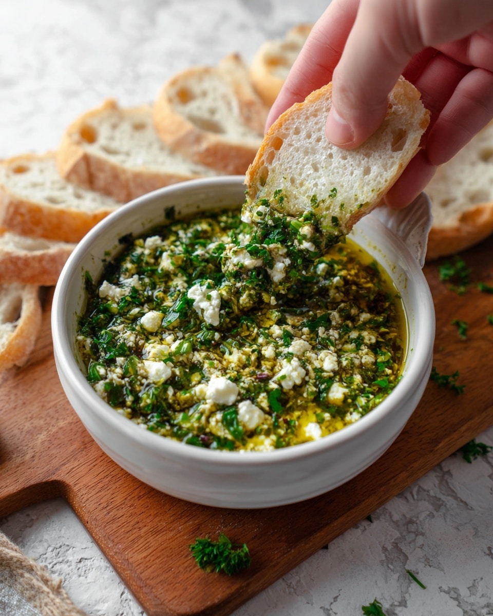 A white bowl is filled with a mix of bright yellow olive oil, green chopped herbs, and small white chunks of cheese mixed with other finely chopped ingredients floating on top. A piece of white bread is dipped into the mixture, covered with the same textured cheese and herbs, held by a woman's hand from the right side of the image. In the background, two slices of white bread rest on a wooden board. The surface is a white marbled texture. photo taken with an iphone --ar 4:5 --v 7