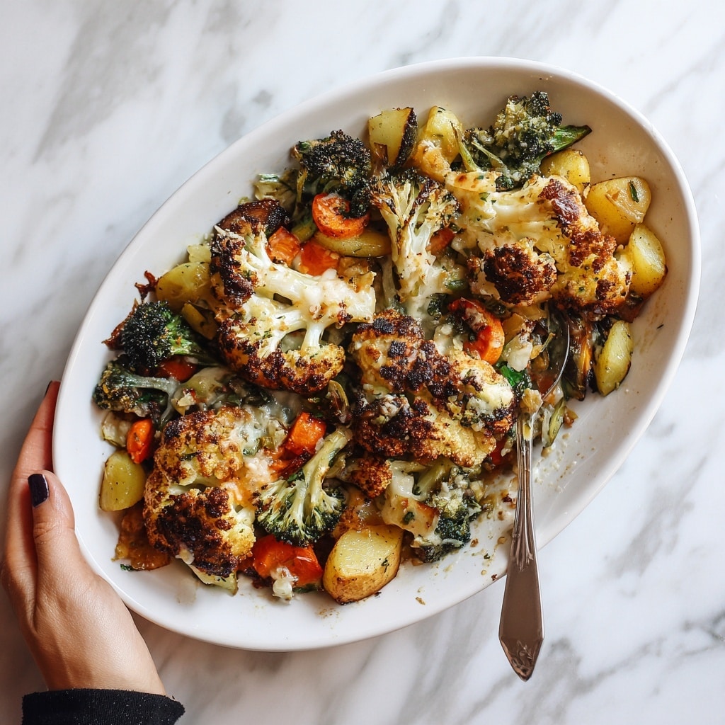 A white oval dish filled with a baked creamy cauliflower casserole, showing large cauliflower florets with a slightly browned, crispy top layer. Mixed among the cauliflower are pieces of bright green broccoli and small bits of orange carrot, all coated in a thick cream sauce. The surface looks textured with some golden brown areas indicating toastiness. A woman's hand is holding a silver fork on the right side of the dish, ready to serve. The background is a white marbled surface. Photo taken with an iphone --ar 4:5 --v 7