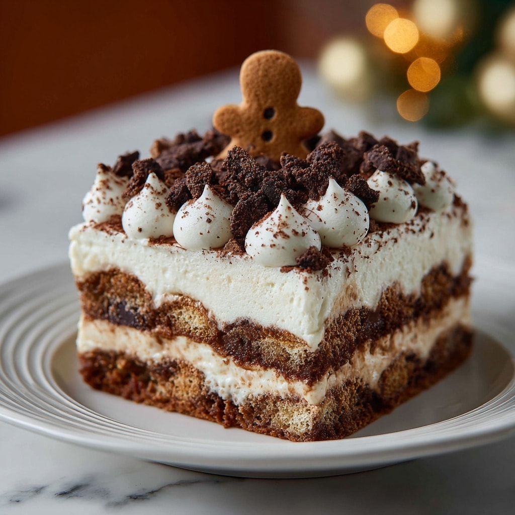 A square dish holds a layered tiramisu with four visible layers of light brown soaked ladyfingers alternating with thick creamy white mascarpone layers. The top layer is decorated with piped dollops of white cream dusted heavily with dark cocoa powder, and a few light brown cookies are placed on top as garnish. Part of the tiramisu is cut away, showing the soft, creamy inside layers. The dish sits on a white marbled surface with a white paper cup and some cookies nearby, and a blurred silver spoon is in front. photo taken with an iphone --ar 4:5 --v 7