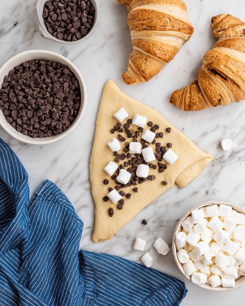 The image shows a cooking scene on a white marbled surface with triangular pieces of dough prepared for folding into croissants. One triangle is topped with small dark brown chocolate chips scattered across the dough, along with white mini marshmallows arranged mainly in the center. Two fully shaped croissants, with visible chocolate chips inside their light golden dough, sit nearby. On the left, there is a white bowl full of chocolate chips, and on the bottom right, a white bowl filled with mini marshmallows. A blue cloth with white stripes is placed on the lower left corner. photo taken with an iphone --ar 4:5 --v 7