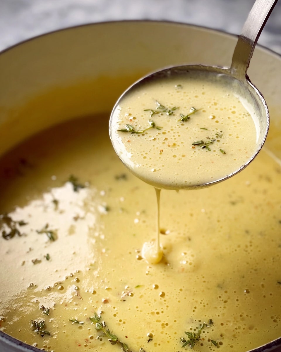 A white bowl filled with creamy light yellow soup topped with several golden brown roasted garlic cloves, small green herb leaves, droplets of olive oil, and a sprinkle of black pepper. A thick slice of crusty bread with a golden-brown crust and an airy, soft white interior leans inside the bowl on the right edge. In the background, a white plate holds more slices of the same bread garnished with green herbs. The bowl rests on a white marbled textured surface with a white cloth underneath. Photo taken with an iphone --ar 4:5 --v 7
