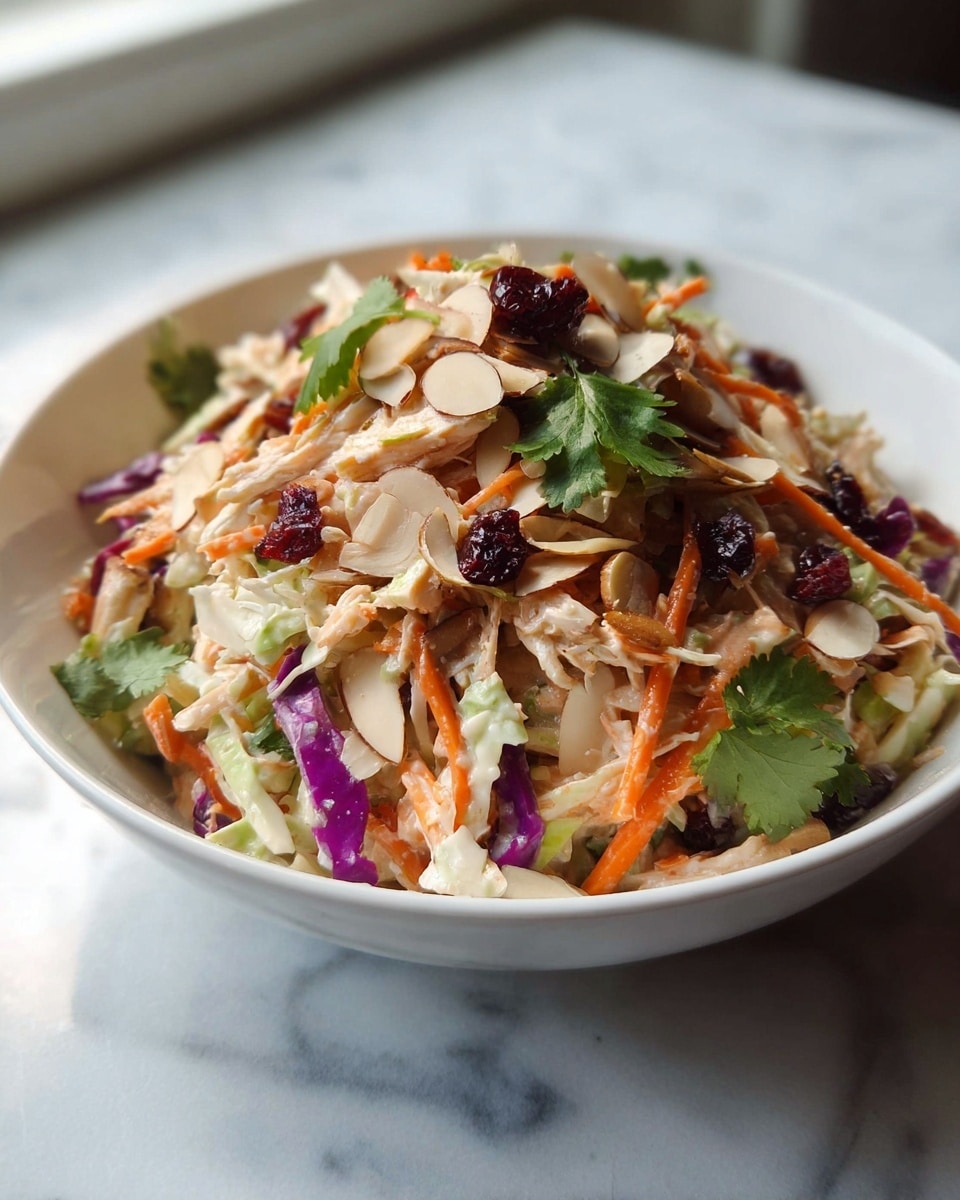A white bowl filled with a colorful chicken salad is shown on a white marbled surface near a window. The salad has a base of shredded pale chicken and light green cabbage mixed with thin bright orange carrot sticks and bits of purple cabbage. On top, there are dark red dried cranberries and sliced almonds adding texture and color. Fresh green cilantro leaves are scattered across the salad giving a fresh look. The salad looks creamy and well mixed with a shiny dressing coating the ingredients. photo taken with an iphone --ar 4:5 --v 7