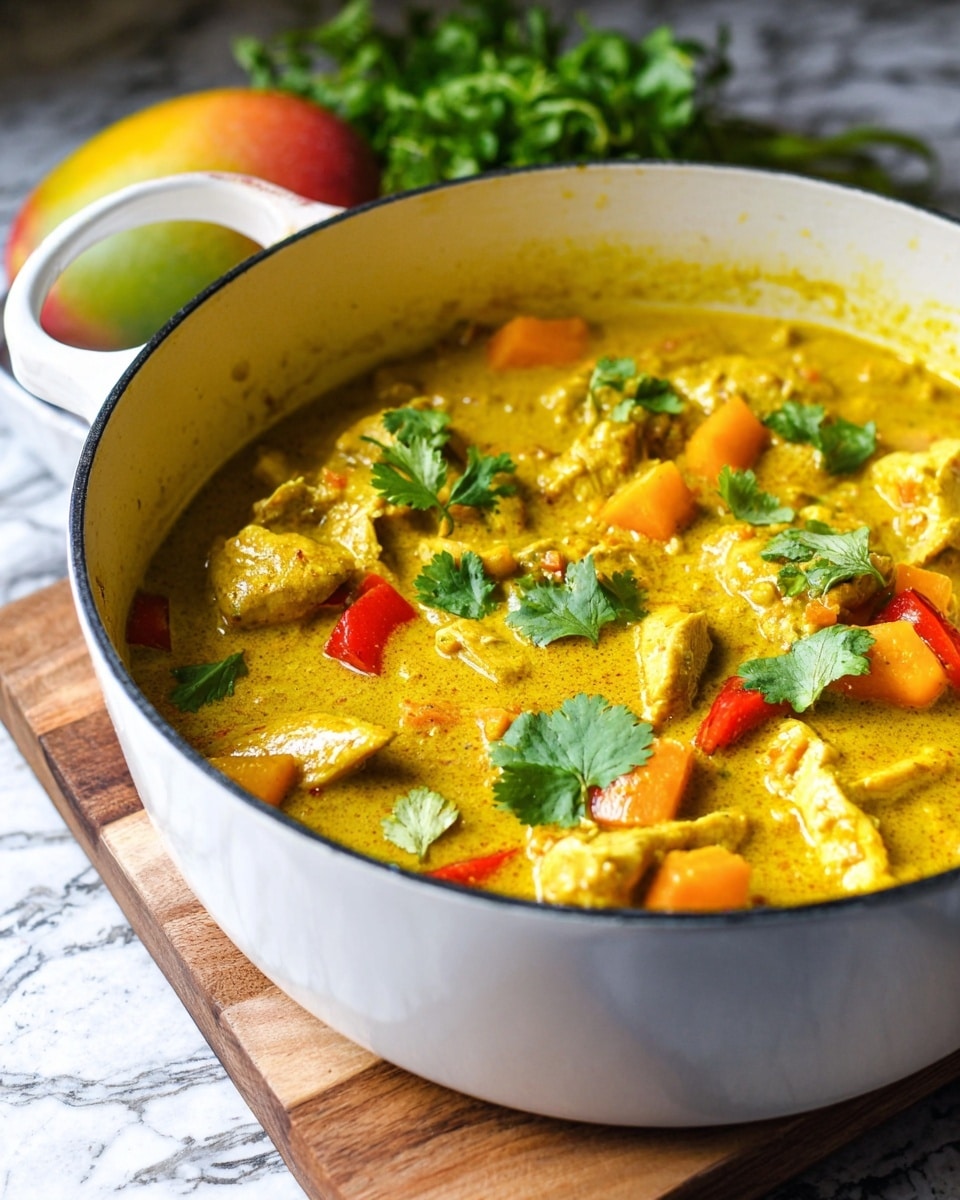 A white pot filled with a creamy yellow curry with chunks of chicken, pieces of red bell pepper, and small orange vegetables mixed in. On top, fresh green cilantro leaves add a bright contrast. The pot sits on a wooden board, with a green and red mango and additional cilantro in the blurred background. The surface beneath is a white marbled texture. photo taken with an iphone --ar 4:5 --v 7