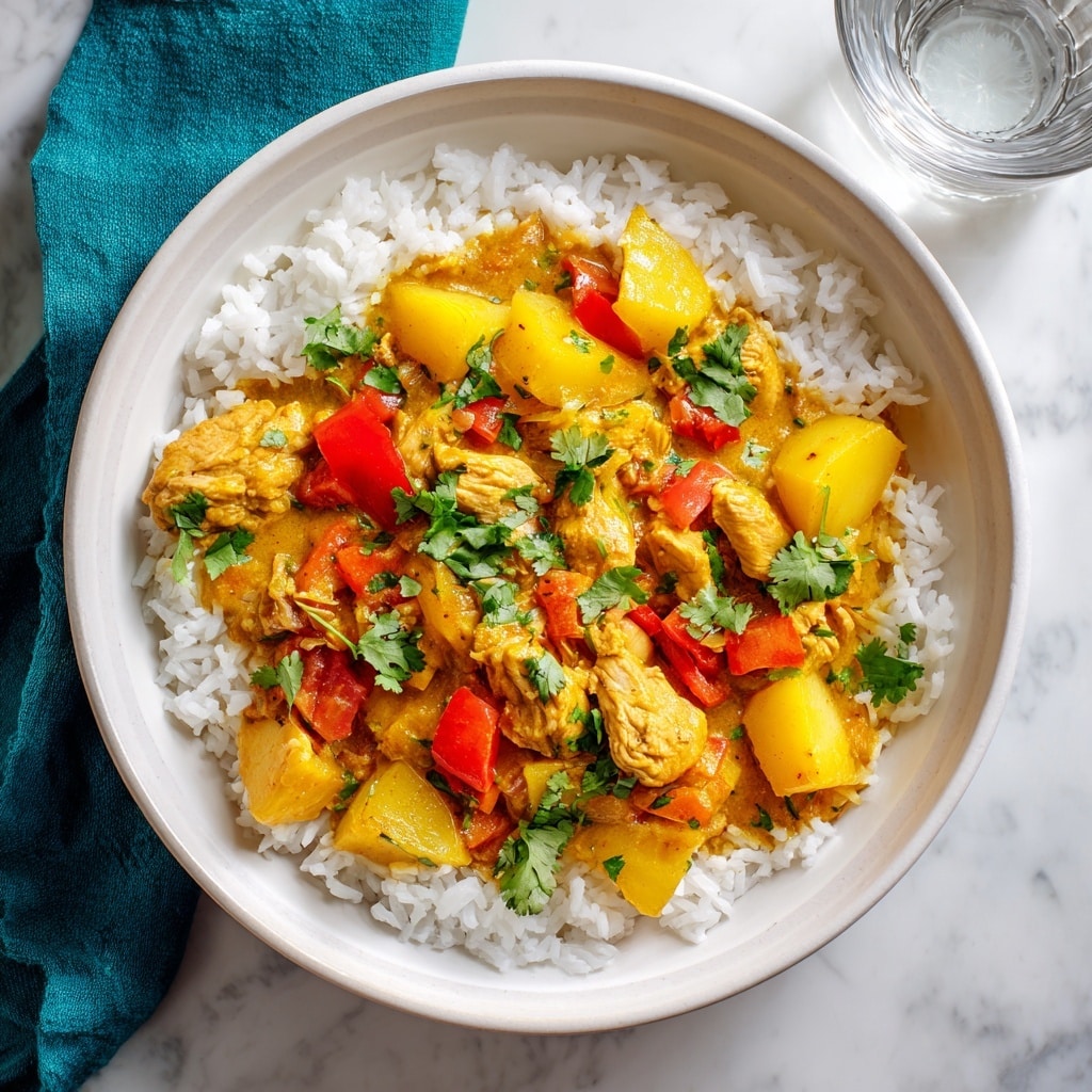 A white bowl filled with a layer of fluffy white rice at the bottom and around the edges, topped with a thick yellow curry sauce containing chunks of tender chicken, large pieces of yellow potato, and bright red bell pepper slices. Fresh green cilantro leaves are scattered over the curry as a garnish. The bowl sits on a white marbled surface with a folded teal cloth to the left and a transparent glass of water partly visible at the top right corner. photo taken with an iphone --ar 4:5 --v 7