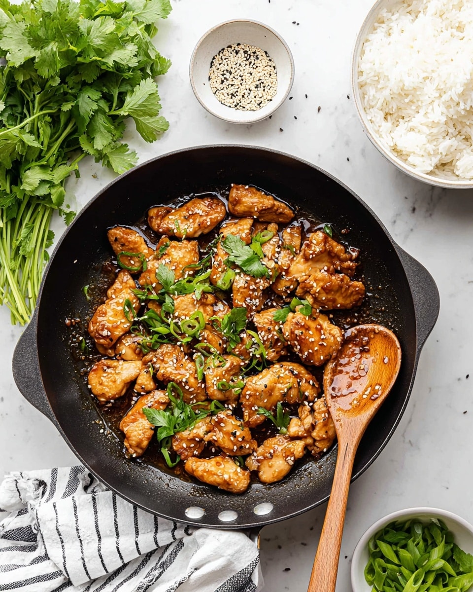 A black pan filled with cooked golden-brown chicken pieces covered in a shiny sauce with small bits around them, garnished with bright green sliced scallions and fresh cilantro leaves. A wooden spoon rests inside the pan on the right side, partially covered by chicken. On the white marbled surface around the pan, there is a bunch of live green cilantro leaves on the top left, a small white bowl with white and black sesame seeds below it, a white bowl with fluffy white rice filled to the top on the upper right, and another white bowl with finely sliced green scallions on the bottom right. A white and black striped cloth is underneath the pan on the lower left. Photo taken with an iphone --ar 4:5 --v 7