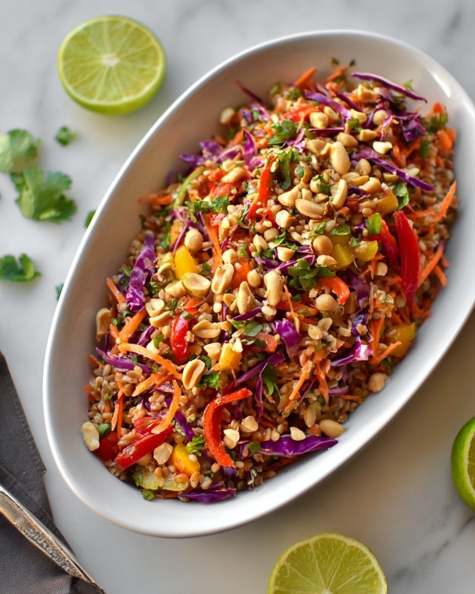 The image shows a white, oval-shaped dish filled with a colorful, mixed salad. The salad has multiple layers of ingredients: the base is made of light brown grains or seeds, mixed with finely shredded orange carrots, thin strips of purple cabbage, small pieces of red and yellow bell peppers, and some chopped green herbs. Peanuts are scattered throughout the salad, adding a crunchy texture. The dish is placed on a white marbled surface, with two lime slices on the side and some green herbs nearby. Photo taken with an iphone --ar 4:5 --v 7