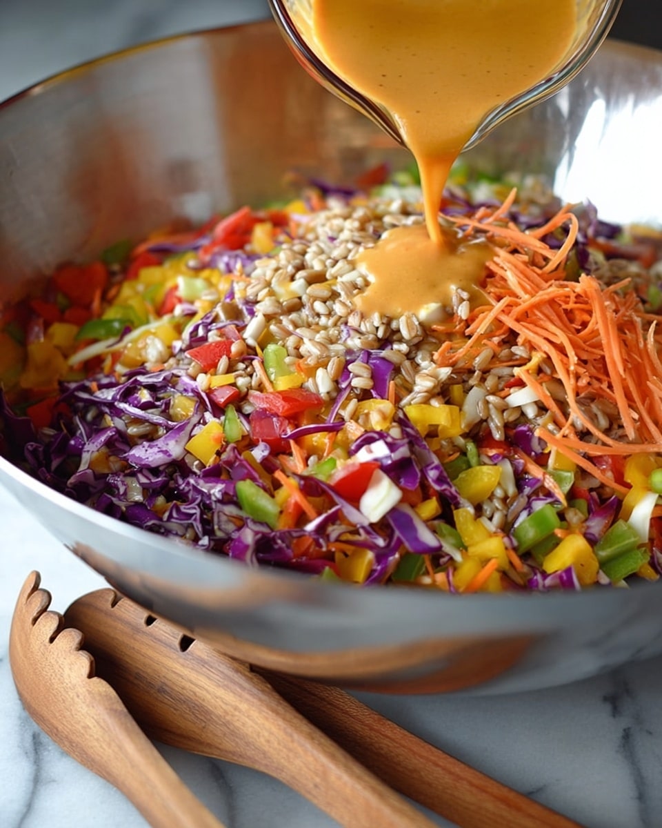 A large silver bowl is filled with mixed salad layers including chopped red, yellow, and green bell peppers, shredded orange carrots, purple cabbage, and small grains that look like barley or wheat berries. The colors blend to create a vibrant mix of textures, with crunchy vegetables on top and a grainy base underneath. A measuring cup is pouring creamy orange dressing over the salad, with the liquid captured mid-pour, adding a smooth, flowing texture above the crunchy layers. In the foreground, two wooden salad tongs rest on a white marbled surface. photo taken with an iphone --ar 4:5 --v 7