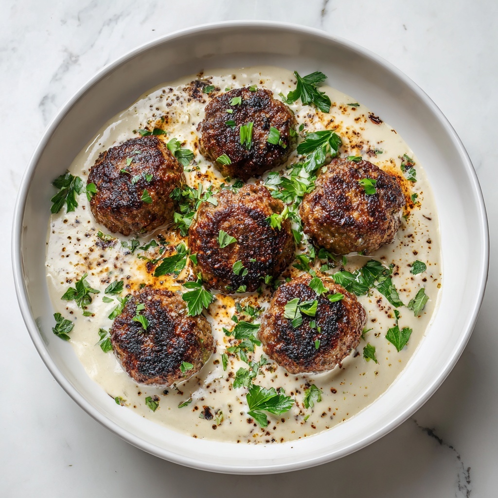 A white round plate holds around ten grilled meatballs on skewers arranged in a circle with a small pile of white sauce mixed with green herbs in the center, some sauce oozes slightly over the plate. Each meatball is light brown with dark grill marks and visible small green herb pieces inside. Fresh green cilantro leaves are scattered around the meatballs on the plate, sitting on a white marbled surface with blurred dark green foliage in the background. photo taken with an iphone --ar 4:5 --v 7