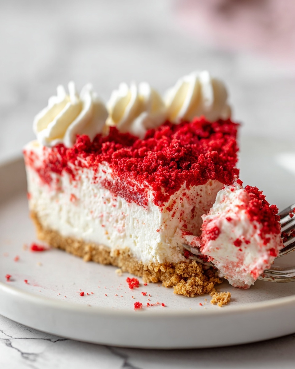 The image shows a slice of creamy dessert on a white plate with a white marbled texture underneath. The dessert has three main layers: a bottom crumbly light brown crust, a thick middle layer of smooth white cream, and a thick top layer with a rough texture covered in bright red crumbs. Three swirls of white cream decorate the back edge of the slice. A silver fork is pulling some of the dessert from the plate, showing the soft texture of the cream and crust. Photo taken with an iphone --ar 4:5 --v 7
