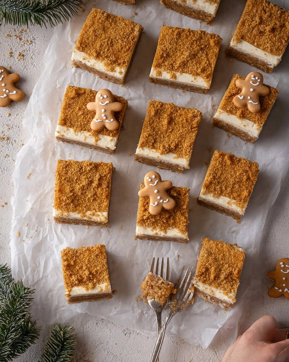 A close-up of a square slice of layered dessert on a white board with a white marbled texture underneath; the bottom layer is a dark brown crumbly crust, the middle layer is a thick, light brown creamy filling with a smooth texture, and the top layer is a thin, smooth white layer topped with a crumbly golden-brown sprinkle. There are a few gingerbread cookies next to the board and blurred dessert slices in the background. Photo taken with an iphone --ar 4:5 --v 7