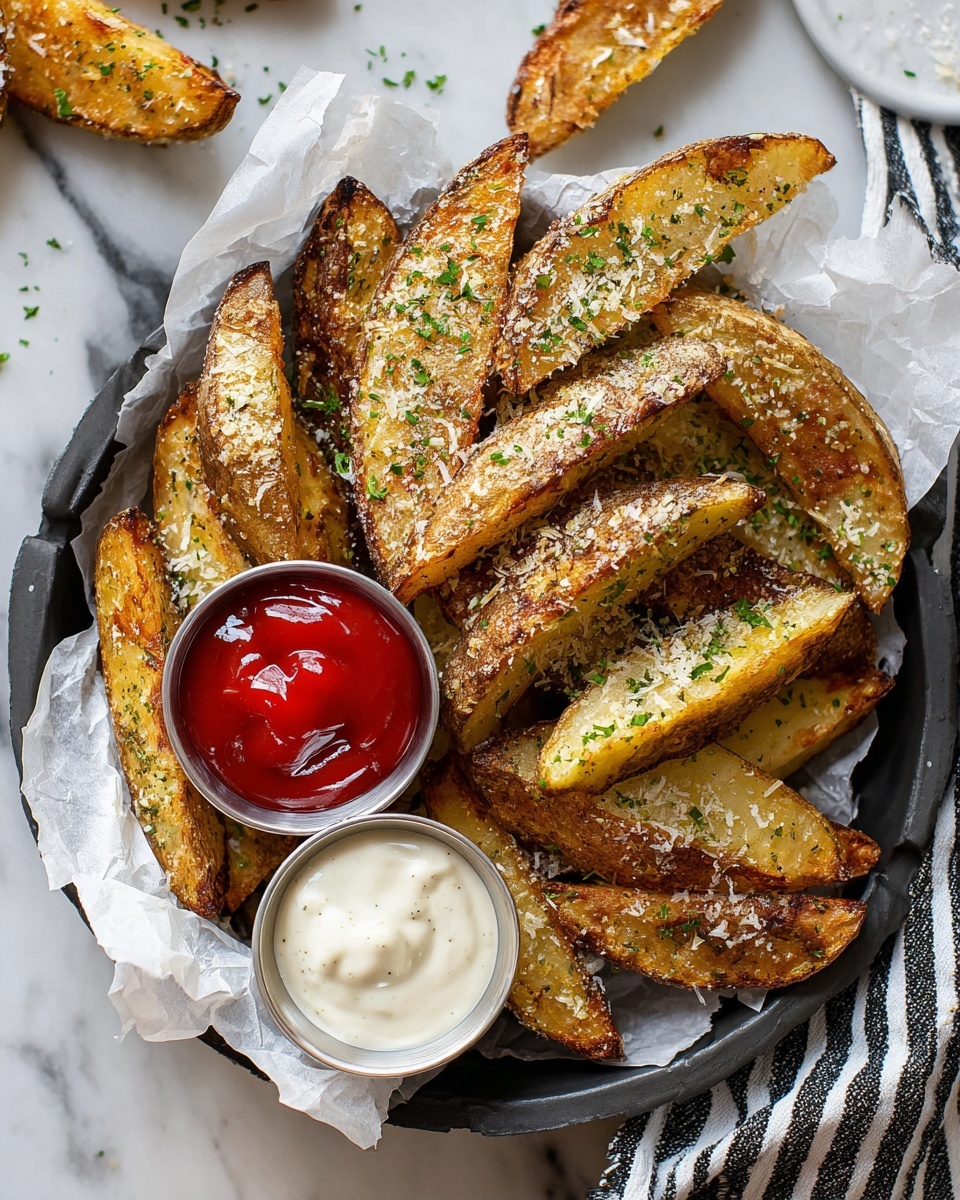 The image shows a metal baking tray filled with many golden-brown potato wedges arranged in rows, each wedge coated with herbs and spices that give a speckled appearance with bits of green and red seasoning. Small green parsley leaves are scattered on top and between the wedges, adding a fresh contrast to the warm colors of the potatoes. The tray rests on a white marbled surface, providing a clean and bright background. The lighting highlights the crispy texture and slight charred edges of the potato wedges, making them look hot and ready to eat. photo taken with an iphone --ar 4:5 --v 7