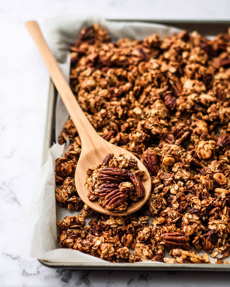 The image shows a close-up of a metal baking tray lined with white parchment paper, filled with clusters of toasted granola. The granola has a mix of colors including golden brown oats, dark brown toasted nuts like pecans, and lighter beige chunks, creating a rough and chunky texture. A light wooden spoon with a smooth surface is placed diagonally, partially scooping some of the granola, adding a natural contrast to the arrangement. The tray sits on a white marbled surface, making the warm browns of the granola stand out clearly. photo taken with an iphone --ar 4:5 --v 7