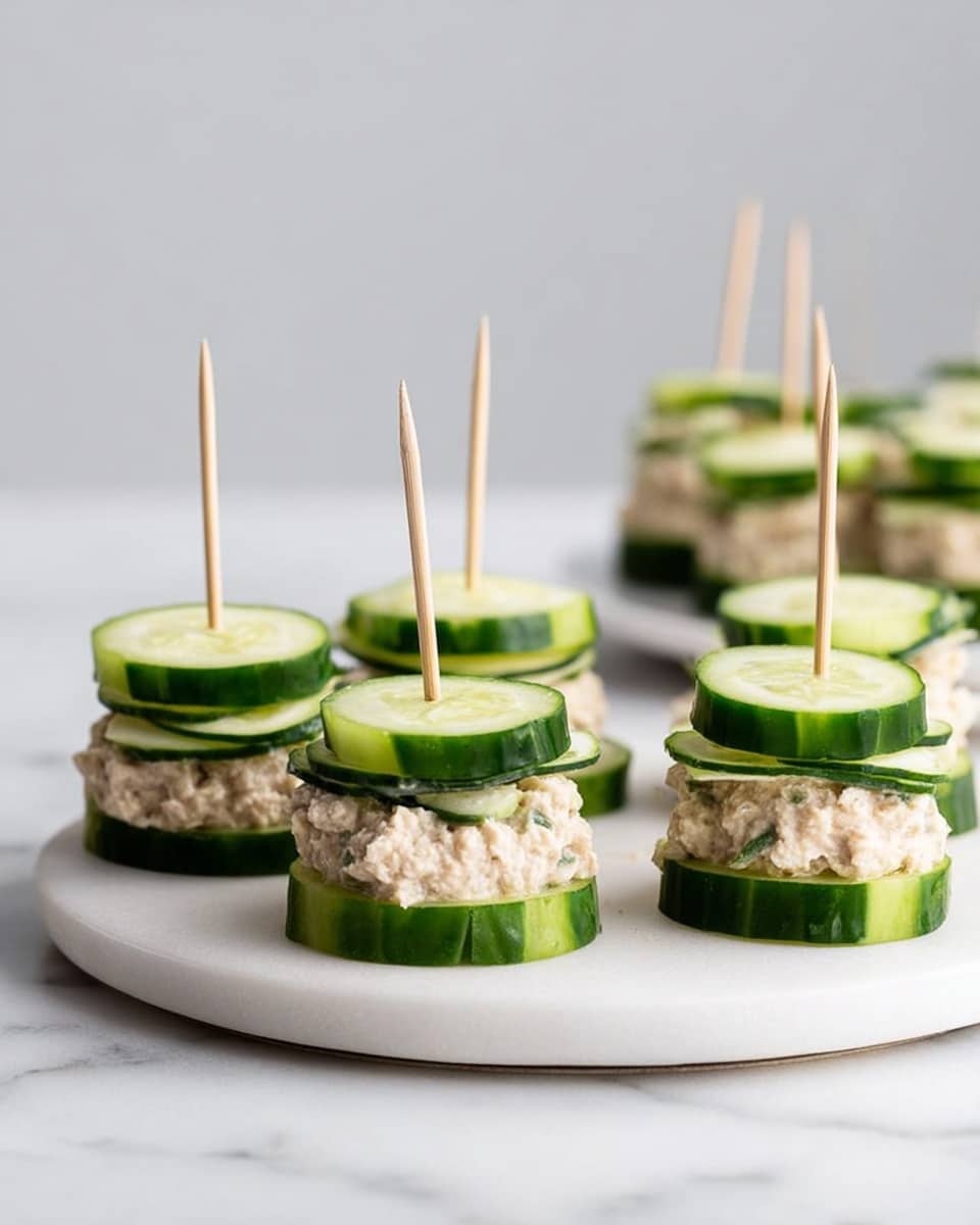 The image shows several small cucumber sandwiches on a round white plate. Each sandwich has three layers: two thin, bright green cucumber slices with dark green edges on the top and bottom, and a thick, creamy beige filling with a slightly chunky texture in the middle. Each sandwich is held together with a small wooden skewer stuck vertically through the center. The plate sits on a white marbled surface with a simple light grey background, and there is another white plate with a few more sandwiches blurred in the background. photo taken with an iphone --ar 4:5 --v 7