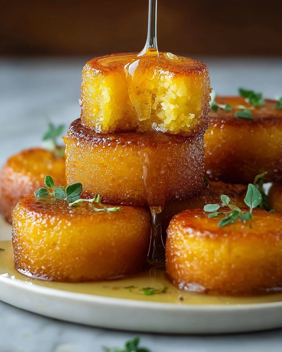 A stack of golden brown, glossy, cubed cakes with a soft and slightly porous texture is arranged in three layers on a white plate. The cubes have caramelized edges with a shiny glaze that looks like syrup dripping down, adding a rich amber color to the base layer. Small green leaves are placed as garnish on top and between some of the cubes, giving a fresh contrast to the warm, honey-like tones. The background shows a soft, dark blur that makes the bright yellow and caramel colors of the cakes stand out against the white marbled surface. photo taken with an iphone --ar 4:5 --v 7