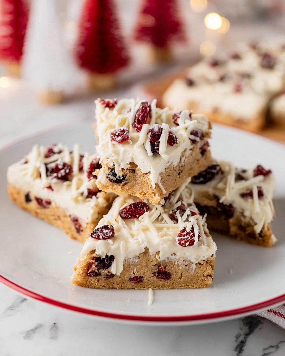 The image shows four triangular dessert bars stacked in a bit of a pile on a white plate with a red rim. Each bar has two layers: a thick, golden brown cookie-like base with visible pieces of dried cranberries mixed in, and a creamy white frosting layer on top scattered with whole dried cranberries and shredded white drizzle. The texture of the base is crumbly, while the top layer looks smooth and creamy. The plate sits on a white marbled surface, with blurred holiday decoration trees in the background. Photo taken with an iphone --ar 4:5 --v 7