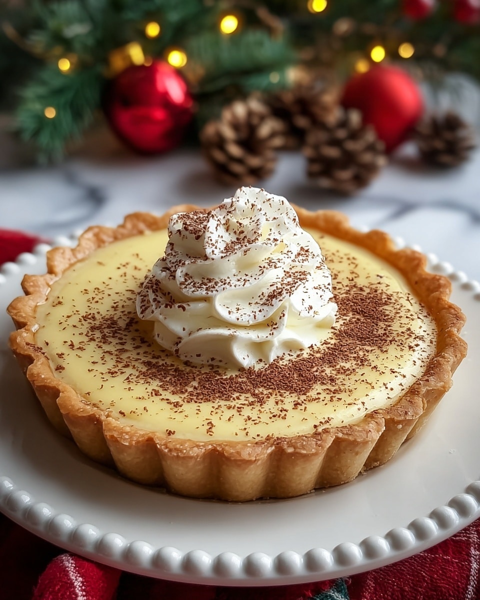 A custard tart with a golden, crimped crust sits on a white plate with a beaded edge, placed on a red and white cloth. The tart has one creamy, pale yellow smooth custard layer topped with a dusting of cocoa powder across the surface. A swirl of white whipped cream, sprinkled lightly with cocoa powder, stands in the center of the tart. The background includes blurred holiday decorations with a red ornament, pine cones, green pine branches, and small warm lights, all set on a white marbled texture. photo taken with an iphone --ar 4:5 --v 7