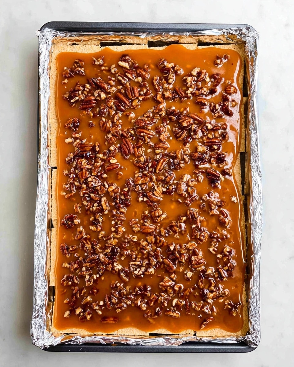 A stack of square nut bars arranged on white parchment paper over a round wooden board. Each bar has two layers: a golden brown crust at the bottom, smooth and slightly shiny, and a thick top layer covered with a sticky, light caramel glaze mixed with chopped walnuts and whole pecans scattered throughout. The nuts add a rough texture and contrast in color with deep brown and beige tones. Around the board, whole pecans are placed on a white marbled surface, along with a colorful plaid cloth in warm autumn shades in the background. Photo taken with an iphone --ar 4:5 --v 7