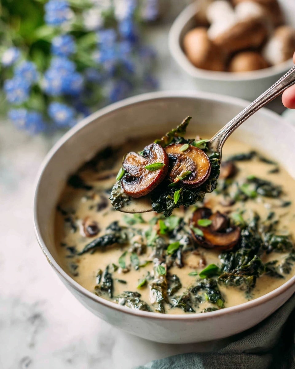 A deep white bowl filled with creamy soup showing visible layers of cooked dark brown mushrooms with a shiny finish, scattered vibrant green leafy vegetables, and a smooth beige broth base. The soup's texture looks rich and slightly thick with small black pepper specks sprinkled on top. In the background, there is a smaller white bowl holding raw mushrooms and a white vase with small blue flowers, all placed on a white marbled surface with a soft grey cloth underneath the bowl. Photo taken with an iphone --ar 4:5 --v 7