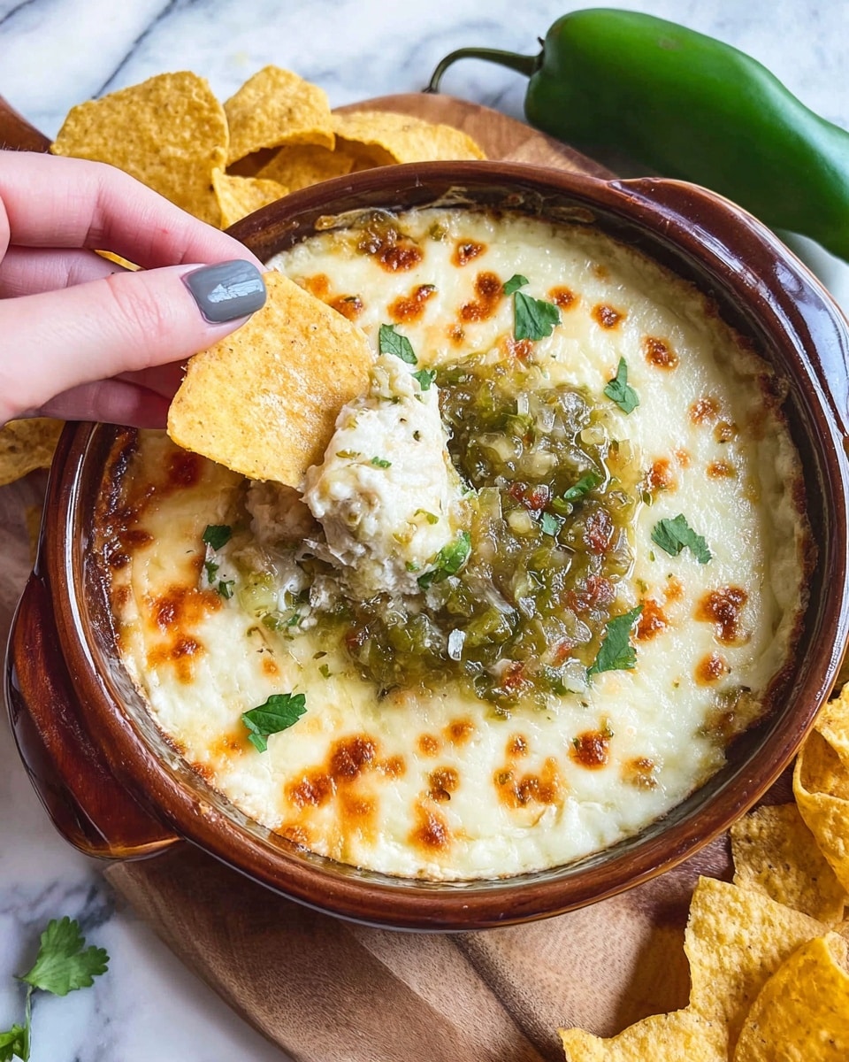 A close-up view shows a white ceramic dish filled with a creamy, melted cheese dip that has a golden-brown top with toasted spots and small green pieces mixed in and scattered across. A woman's hand is holding a beige tortilla chip raised above the dish, with gooey, stretchy cheese and white creamy dip clinging to it. The background surface is a white marbled texture. photo taken with an iphone --ar 4:5 --v 7