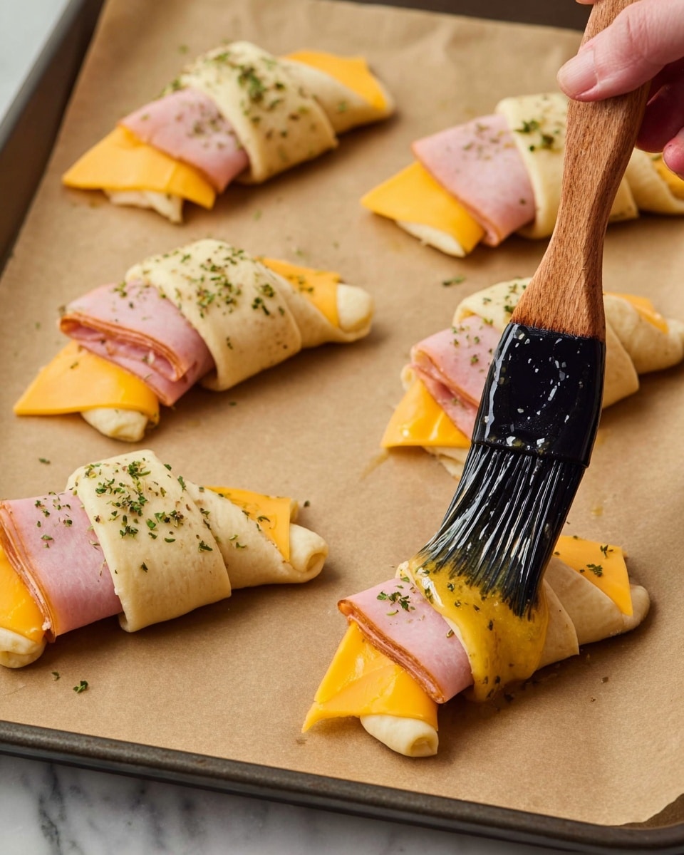 The image shows several uncooked crescent roll snacks placed on a parchment paper-lined baking tray on a white marbled surface. Each snack has three visible layers: a base slice of yellow-orange cheese, a folded slice of pink ham on top of the cheese, and a pale dough strip wrapped around the ham and cheese, sprinkled with green herbs. A black brush with a wooden handle is spreading a glossy, oily substance on the dough of one snack, with a woman's hand holding the brush. Photo taken with an iphone --ar 4:5 --v 7