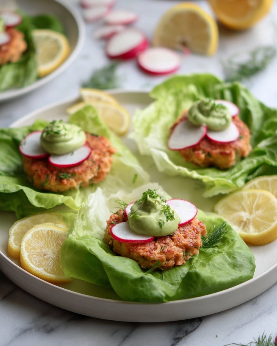 A crispy golden-brown patty sits on a bright green butter lettuce leaf, which forms the base layer on a white square plate. On top of the patty is a creamy green sauce with a slightly chunky texture, topped with two thin slices of radish showing their white centers and red edges. Small green onion pieces and a sprig of dill are scattered over the radishes and around the plate. A lemon wedge with a pale yellow color is placed to the side on the plate, all set on a white marbled surface. photo taken with an iphone --ar 4:5 --v 7