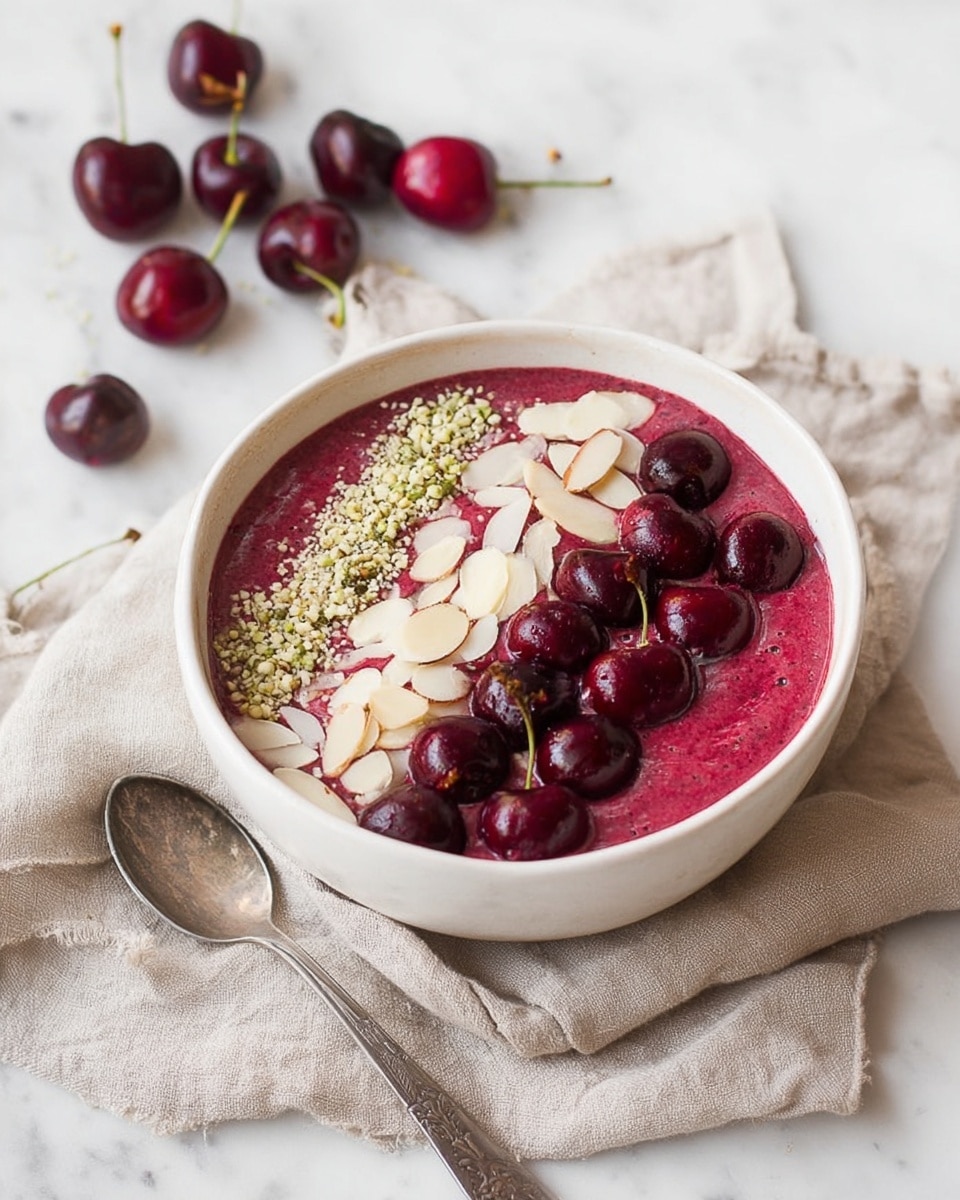 A white bowl filled with a smooth, thick, deep pink cherry smoothie base. On top, arranged in neat vertical stripes, there is a layer of small green seeds, a layer of thin, pale beige almond slices, and a layer of dark red cherry halves with glossy skin and visible pits. The bowl sits on a light beige cloth over a white marbled surface with a tarnished silver spoon resting beside it. Scattered around are a few whole cherries with stems. Photo taken with an iphone --ar 4:5 --v 7