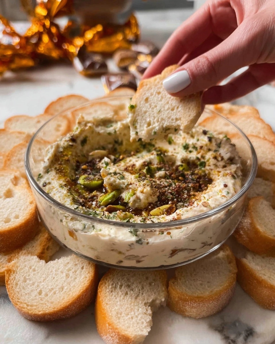 A clear glass bowl filled with a creamy dip topped with a mix of herbs and seeds in different shades of green and brown, layered evenly across the surface. Around the bowl, there are many small white toasted bread slices with a crunchy texture arranged on a white marbled surface. A woman's hand with light-colored nails is holding a small piece of bread with the dip on it above the bowl, showing the thick texture of the dip and seeds. In the background, there are blurred light brown candy wrappers adding warm tones to the scene. Photo taken with an iphone --ar 4:5 --v 7