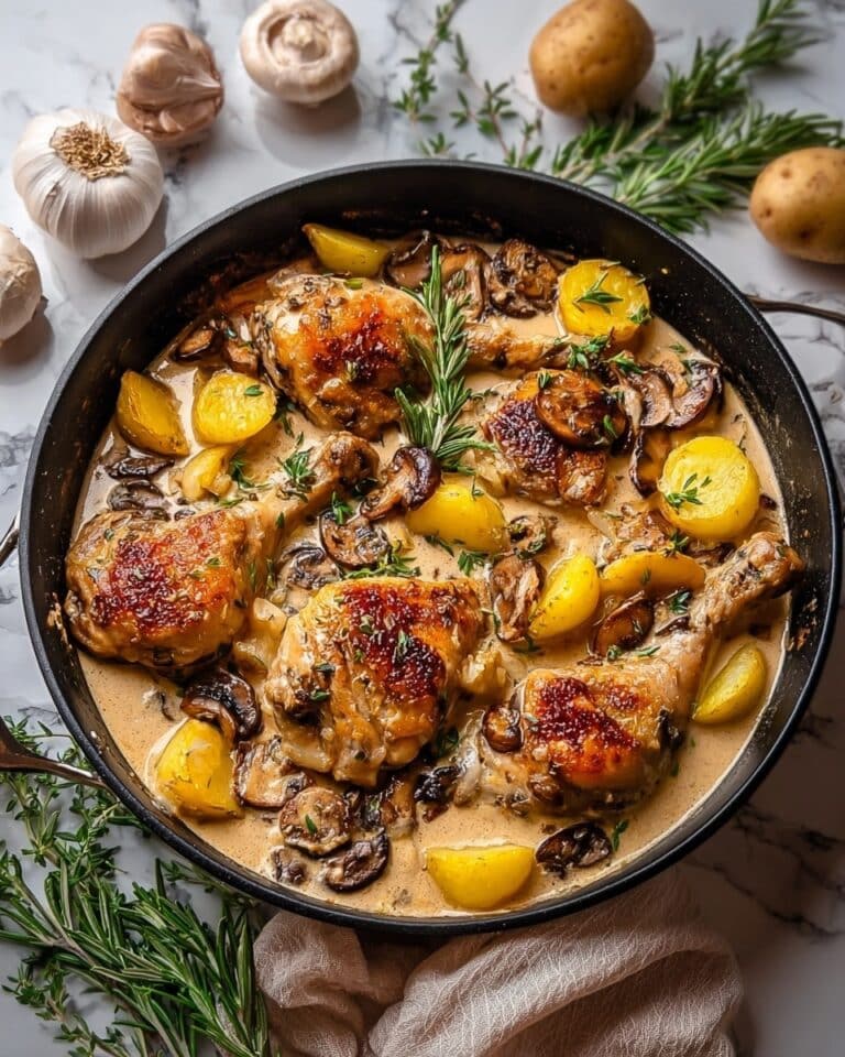 Herb Roasted Chicken in Creamy White Sauce with Mushrooms and Potatoes Recipe