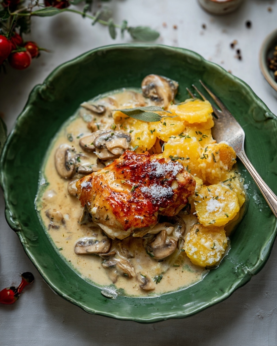A black skillet filled with five golden brown roasted chicken drumsticks, sitting in a creamy beige sauce with slices of browned mushrooms and small yellow roasted potato wedges scattered around. Fresh green rosemary sprigs are placed on top, adding contrast. The skillet is on a white marbled surface with garlic bulbs, whole mushrooms, potatoes, and additional sprigs of rosemary nearby. A beige cloth is partially underneath the skillet. Photo taken with an iphone --ar 4:5 --v 7