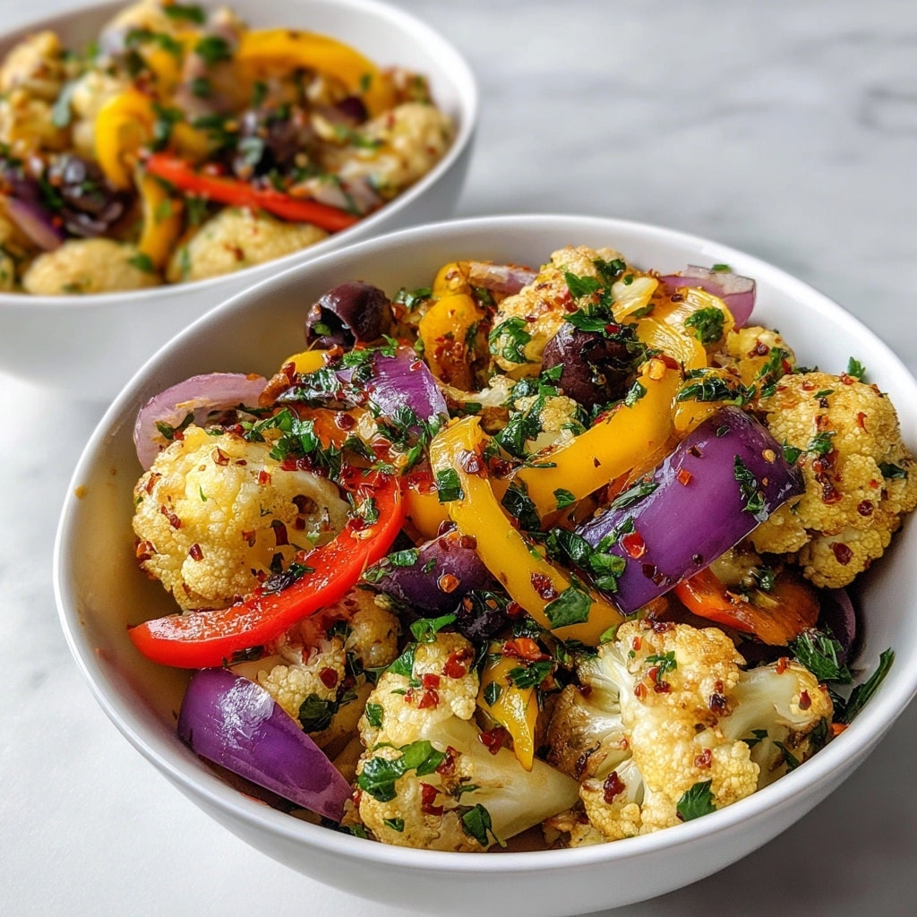 A white bowl filled with a colorful cauliflower salad with several visible layers: the base is made of white cauliflower florets, mixed with thin slices of red onion and red bell pepper strips. Green sliced olives are spread evenly on top, along with finely chopped fresh green herbs like parsley. The dish is also sprinkled with red chili flakes and small pieces of seasoning, adding texture and color contrast. The bowl is placed on a white marbled surface. Photo taken with an iphone --ar 4:5 --v 7