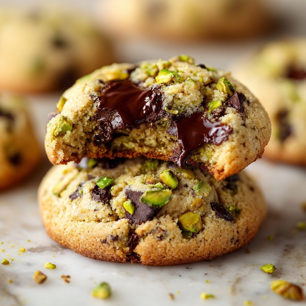 The image shows a close-up of two thick cookies stacked on a white marbled surface. The top cookie has a bite taken out of it, revealing gooey, melted dark chocolate inside. The cookies are light golden brown with a rough, chunky texture, filled with visible pieces of chopped pistachios and melted chocolate chunks scattered throughout. Small bits of green pistachio nuts decorate the cookies’ surface, adding a touch of color contrast. In the background, there are more cookies slightly blurred, enhancing the focus on the front two. The overall setting is warm and inviting. Photo taken with an iphone --ar 4:5 --v 7