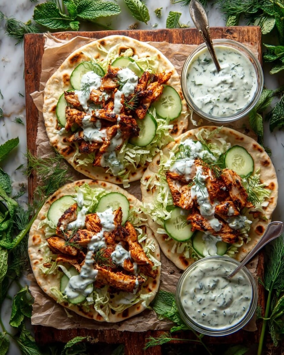Three flatbreads are placed side by side on parchment paper over a wooden board, each topped with a layer of light green shredded lettuce, thin slices of cucumber, grilled browned chicken pieces with a slightly charred texture, and a drizzle of white sauce with green herb bits. Fresh dill sprigs are scattered on top of each flatbread. Two clear glass bowls hold the same white sauce with herbs, each with a spoon inside. The surface around the wooden board is decorated with fresh green herbs, and the background has a white marbled texture. photo taken with an iphone --ar 4:5 --v 7