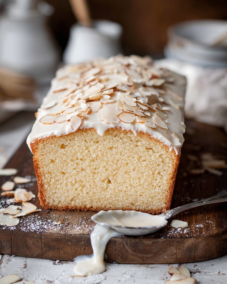 The image shows a close-up of a sliced loaf cake with a light golden crumb and a smooth texture. The cake has one visible layer and is topped with a thick white frosting that covers the entire top surface. On top of the frosting is a generous sprinkling of thin, light brown sliced almonds. The cake sits on a wooden board with a silver spoon resting in front, which has some white frosting spilled on the board around it. The background features blurred kitchen items on a white marbled texture. Photo taken with an iphone --ar 4:5 --v 7