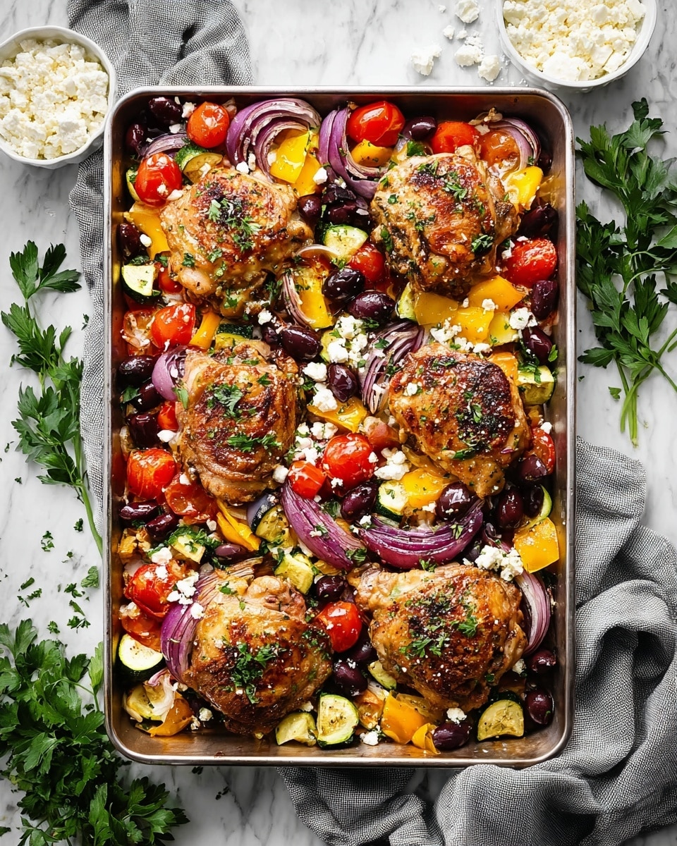 A metal rectangular tray filled with six browned chicken thighs sitting on a mix of colorful vegetables including yellow bell pepper pieces, red cherry tomatoes, sliced zucchini, and curved slices of purple onion. Scattered among the vegetables are dark Kalamata olives and small bits of white crumbled feta cheese. Fresh green parsley leaves are sprinkled over the dish, adding a touch of brightness. The tray is placed on a white marbled surface with sprigs of parsley and small white bowls containing more feta and chopped herbs nearby, along with a gray linen cloth partly under the tray. Photo taken with an iphone --ar 4:5 --v 7