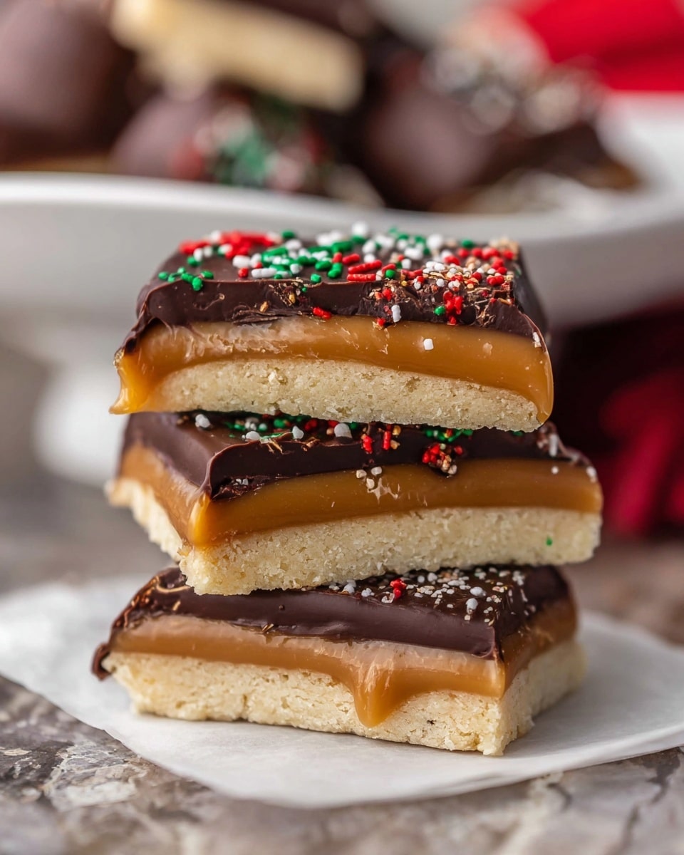 The image shows a close-up of three stacked pieces of a layered dessert bar. Each bar has three visible layers: a thick, light beige biscuit base at the bottom, a smooth caramel middle layer in golden brown, and a dark chocolate top layer that is slightly glossy and decorated with small red, green, and white sprinkles. The bars rest on a white marbled textured surface, and in the blurry background, there is a white plate holding more treats. Photo taken with an iphone --ar 4:5 --v 7