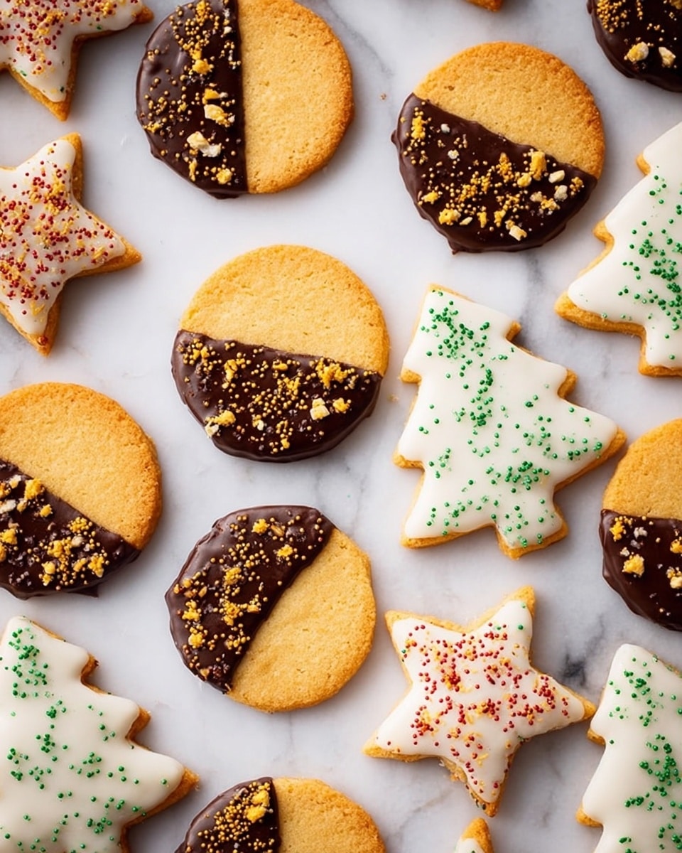The image shows star-shaped cookies on a white plate set on a white marbled surface. Each cookie has two layers: a base layer of golden brown baked dough and a top layer of chocolate dipped on one side, which is dark and smooth with a shiny texture. The chocolate side is decorated with small golden sprinkles scattered mainly on the chocolate area. The cookies are arranged closely together, creating a cozy and festive look with some blurred lights in the background. photo taken with an iphone --ar 4:5 --v 7