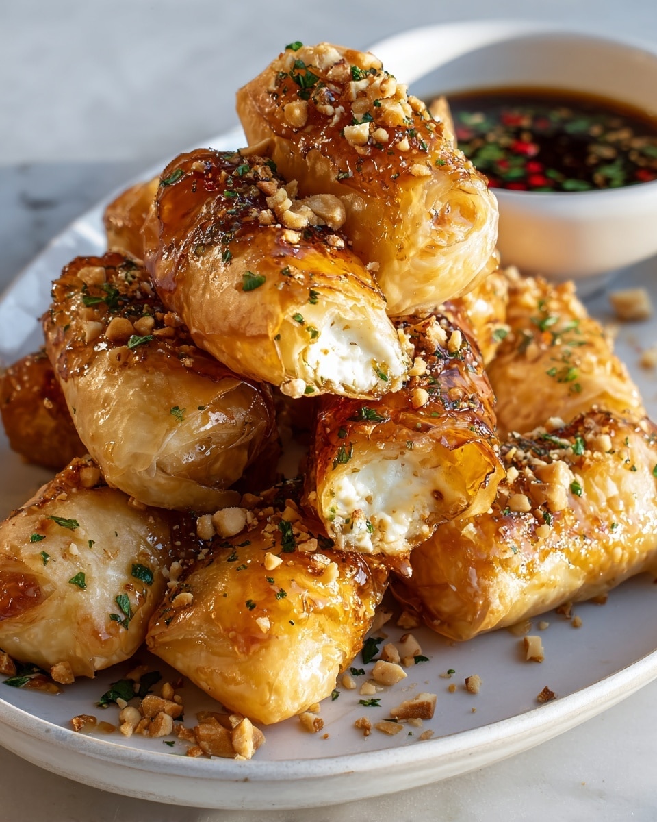 The image shows four golden, crispy rolls placed close together on a white plate. Each roll is shiny with a light glaze and topped with small sesame seeds and tiny green herb pieces. The texture of the rolls looks flaky and crunchy, with some brown spots indicating a well-cooked finish. Inside the rolls, a creamy white filling is visible at the ends, contrasting with the golden outside. The plate rests on a white marbled surface, adding a clean and elegant background. Photo taken with an iphone --ar 4:5 --v 7