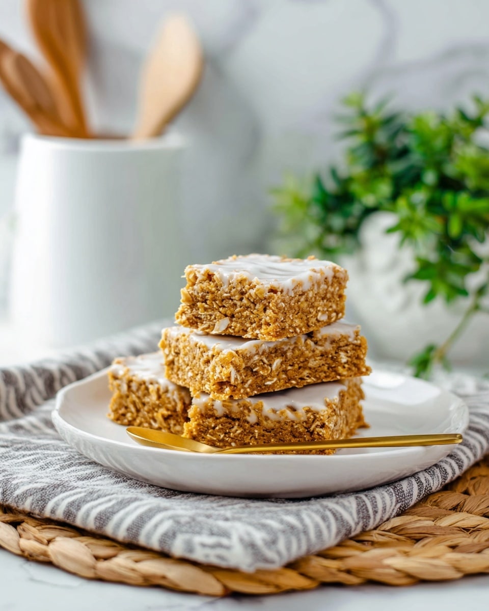 A stack of four square bars sits in the center of a white plate, each bar showing a thick, crumbly golden-brown base with visible texture from oats or nuts, topped by a smooth, creamy white icing layer that covers the entire top surface. The bars are neatly piled, creating a slightly uneven height with crisp edges. A shiny gold spoon lies to the right side of the plate, resting on its edge. The plate is placed on a gray and white striped cloth, which in turn is on a woven beige placemat. In the background, there is a glass of milk and part of a potted plant with green leaves on a white marbled surface. photo taken with an iphone --ar 4:5 --v 7