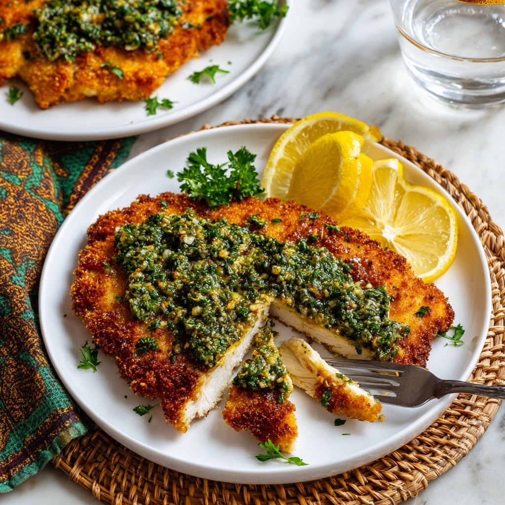 A white plate holds a crispy golden-brown breaded chicken cutlet topped with a green herb sauce made from chopped parsley and garlic, spread unevenly over the top. Two lemon wedges, bright yellow with white pith, rest on the right side of the plate. A fork is cutting a piece from the front edge of the chicken, showing the white, juicy meat inside beneath the crunchy coating. In the blurry background, another white plate with more chicken cutlets and green parsley garnish is visible, along with a glass of water on a white marbled surface. The plate sits partly on a woven placemat and a patterned cloth with green, brown, and white tones. photo taken with an iphone --ar 4:5 --v 7