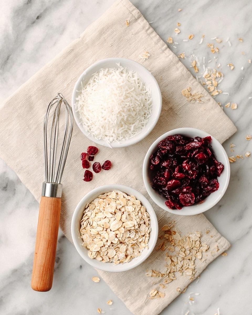 Three small white bowls are arranged on a light beige cloth over a white marbled surface. One bowl is filled with white shredded coconut, another with red dried cranberries, and the third with light beige rolled oats. A whisk with a wooden handle and metal loops lies nearby on the cloth, while some oats and shredded coconut pieces are scattered on the marble surface near the bowls. photo taken with an iphone --ar 4:5 --v 7