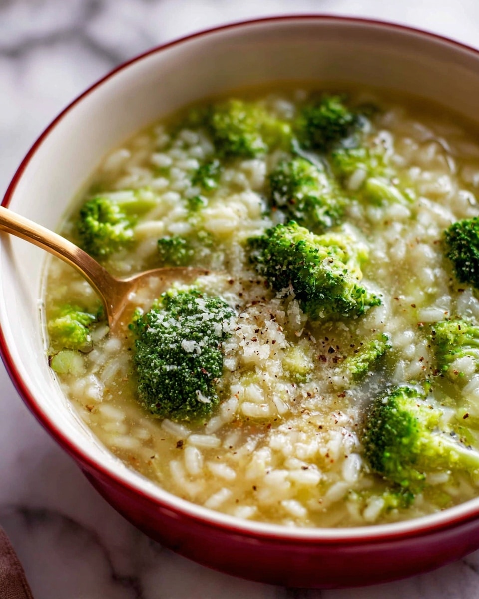 A deep red bowl filled with a clear broth soup showing small white rice pieces evenly spread throughout. Green broccoli florets float on top of the broth with some sprinkled grated white cheese and a light dusting of black pepper. A golden spoon rests inside the bowl on the right side. The bowl is placed on a white marbled textured surface with three bright green broccoli pieces near the top right and a red and white striped cloth peeking in from the bottom left. Photo taken with an iphone --ar 4:5 --v 7