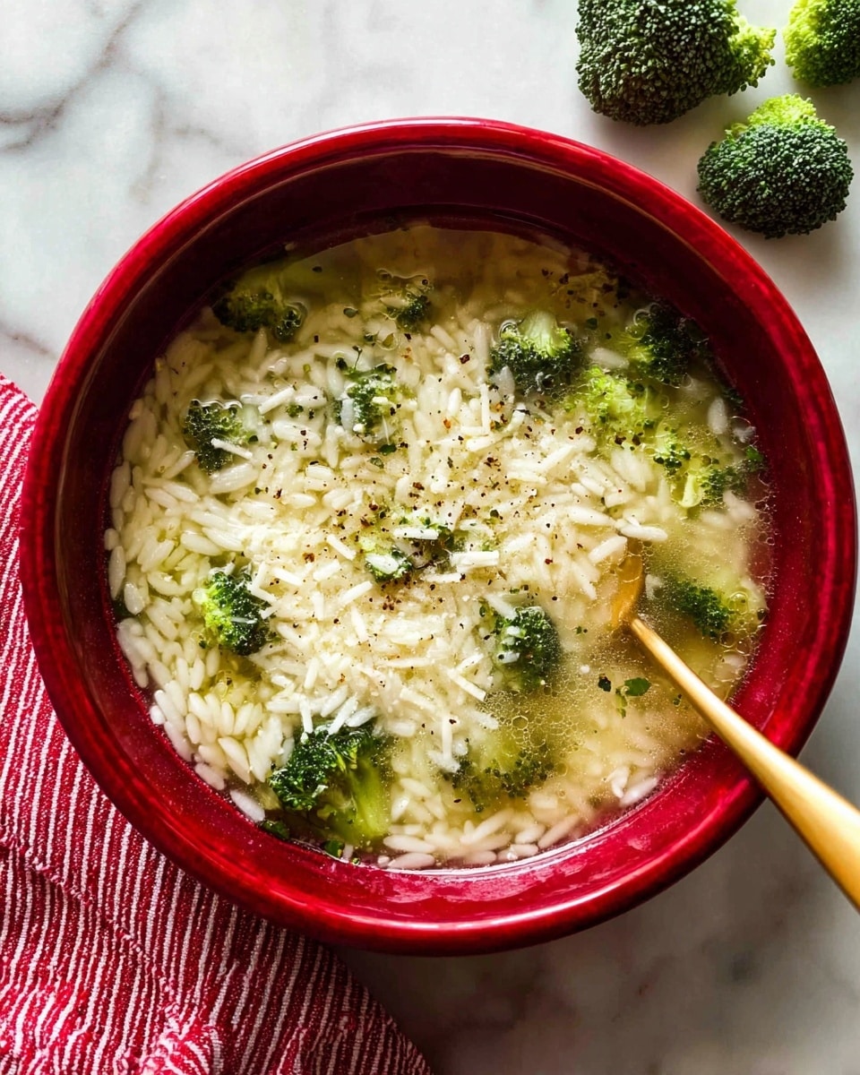 The image shows a close-up of a soup in a white bowl with a red rim, placed on a white marbled surface. The soup has clear broth with small, soft rice grains as the base layer, visible all around the bowl. Scattered throughout the soup are bright green broccoli florets, sitting on top of the rice and broth. The surface is lightly sprinkled with grated cheese and black pepper, adding texture and small specks of white and black. A gold spoon is partially dipped into the soup on the left side, stirring some broccoli and rice. The overall look is warm, fresh, and comforting. photo taken with an iphone --ar 4:5 --v 7