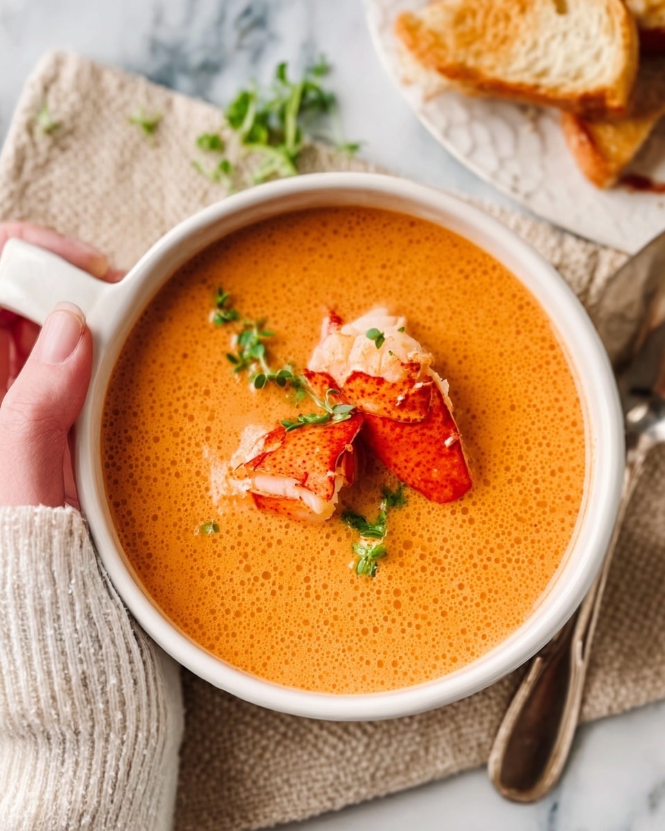 A close-up view of a smooth, creamy orange soup served in a white bowl with a handle, topped with a single large, bright orange shrimp that is slightly curved and has a glossy texture. The soup surface is sprinkled with small green herb pieces and a few specks of black pepper, with a small circle of oil glistening near the shrimp. In the blurred background, there are pieces of light golden toasted bread resting on a white marbled surface. Photo taken with an iphone --ar 4:5 --v 7