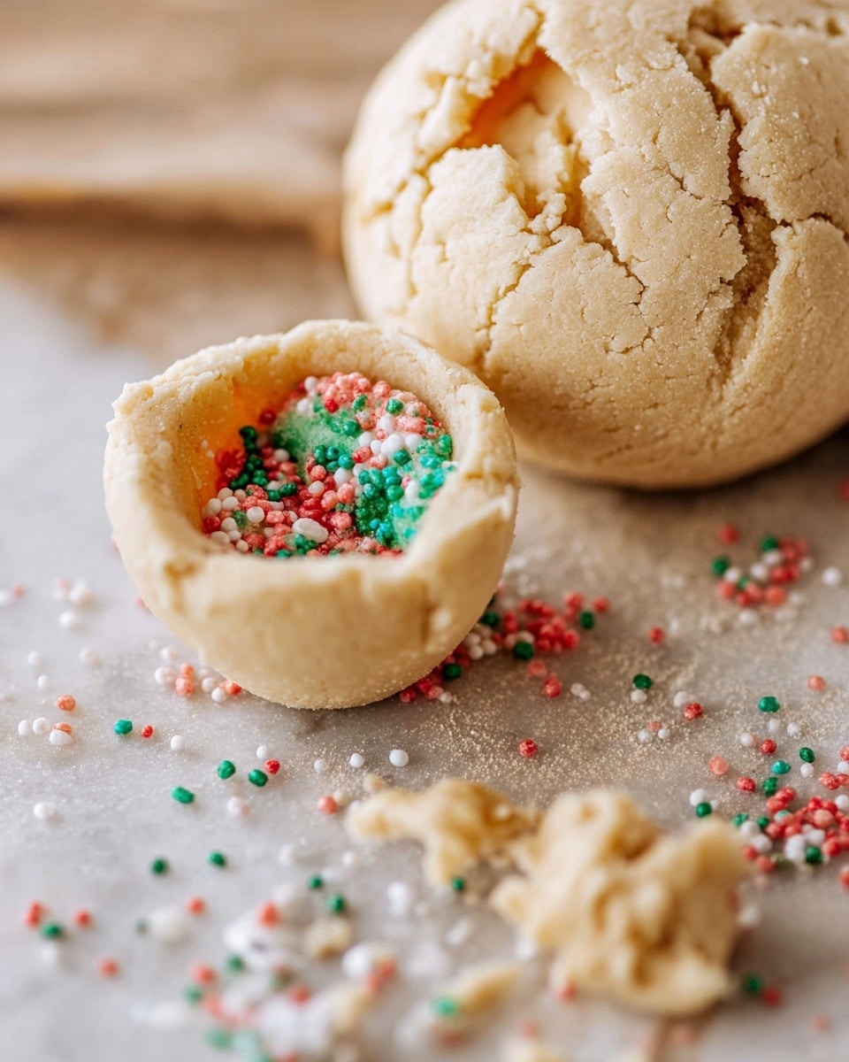 A close-up photo shows round white chocolate-covered truffle balls resting on a wooden board with scattered colorful red, green, and blue sprinkles around them. The front truffle is cut in half, revealing a light beige crumbly inside with a center filled with the same colorful sprinkles. Each whole truffle ball is topped with a small pile of vibrant sprinkles that add a bright and festive touch. The background is softly blurred with more truffles out of focus, and the scene sits on a white marbled surface. photo taken with an iphone --ar 4:5 --v 7