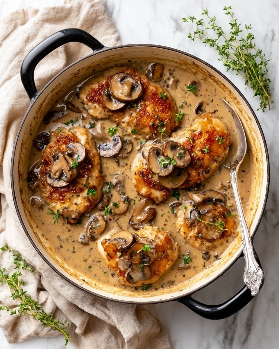 A round enameled cast iron pot with black handles filled with a creamy mushroom sauce covering five golden-brown seared chicken breasts, each topped with several thick slices of sautéed mushrooms. The sauce is light brown and smooth, with small green herb leaves scattered on top for garnish. The pot rests on a white marbled surface with a soft beige cloth draped beside it and a small sprig of fresh thyme nearby. A silver spoon lies inside the pot on the right side. photo taken with an iphone --ar 4:5 --v 7