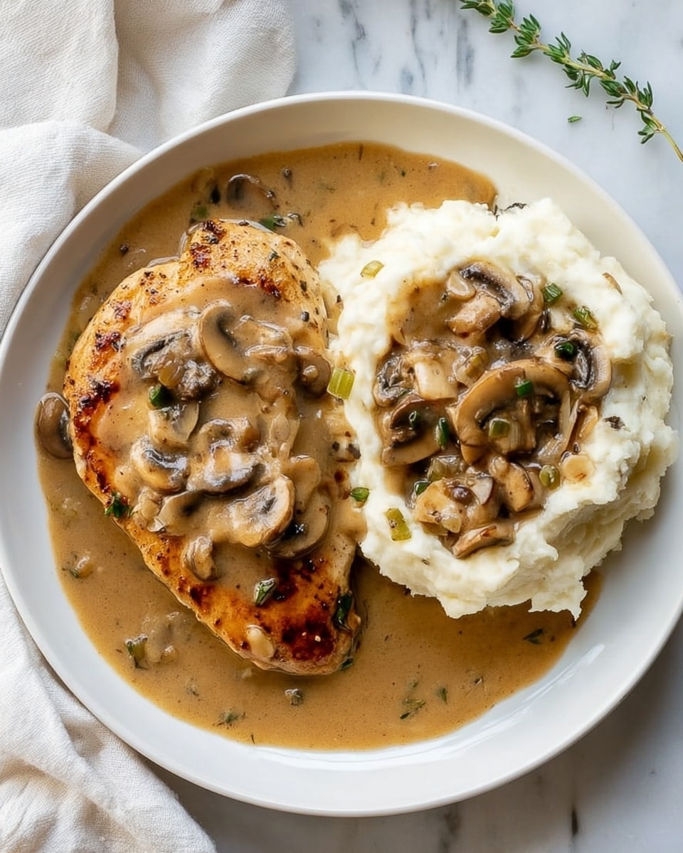 A round white plate holds a serving of golden-brown grilled chicken breast on the left side, covered with a thick, light brown mushroom gravy that includes visible slices of sautéed mushrooms and small green herb bits. On the right side, there is a generous mound of creamy, white mashed potatoes topped with the same mushroom gravy and a few mushroom slices. A small green herb sprig rests at the top edge of the plate, and the plate sits on a white marbled surface with a soft white cloth partially in view at the top left corner. photo taken with an iphone --ar 4:5 --v 7